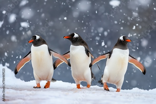 Group of three emperor penguins standing on top of snow-covered ground.