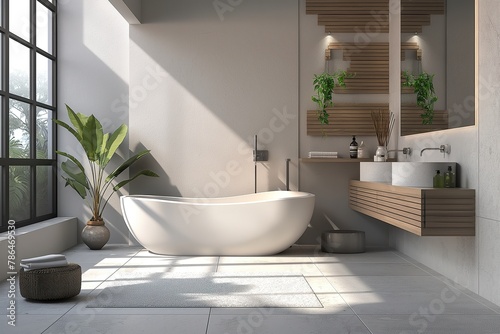 Modern Scandinavian bathroom with a large white bathtub next to a window.