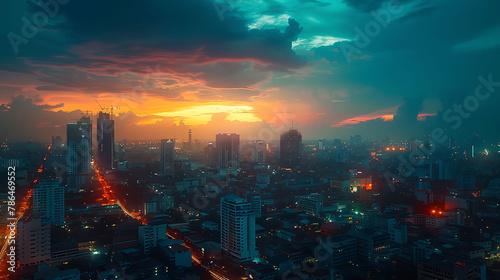 Time-lapse of a cityscape transitioning from day to night, science and technology, copy space