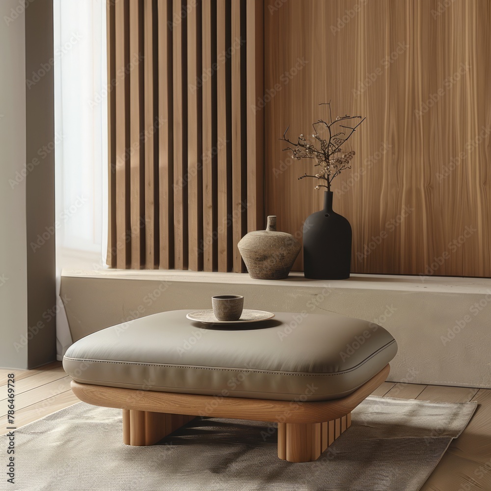 © VISUAL BACKGROUND - A leather ottoman with wooden legs. © VISUAL BACKGROUND - A leather ottoman with wooden legs.