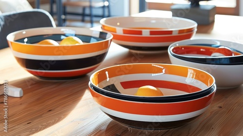 collection of serving bowls and platters adorned with circus-inspired stripes in varying widths and colors,
