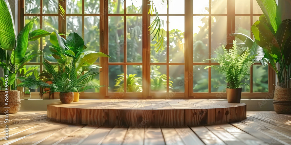 A round wooden podium on a view of a tropical forest. empty wood podium in room, banner for product display , Nature wood podium A round wooden podium on a view of a tropical forest. empty wood podium in room, banner for product display , Nature wood podium