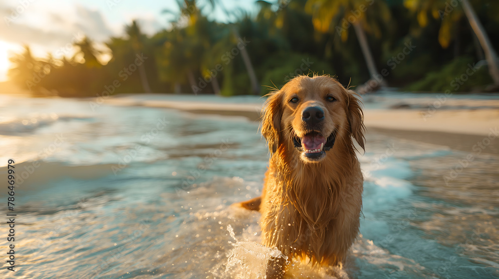 Joyful Golden Retriever Running on a Tropical Beach Joyful Golden Retriever Running on a Tropical Beach