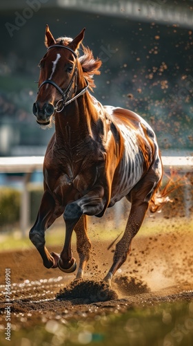 A horse running on a dirt track. © VISUAL BACKGROUND