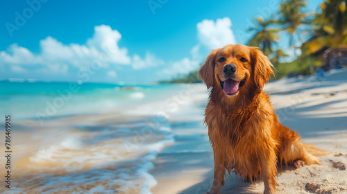 Joyful Golden Retriever Running on a Tropical Beach