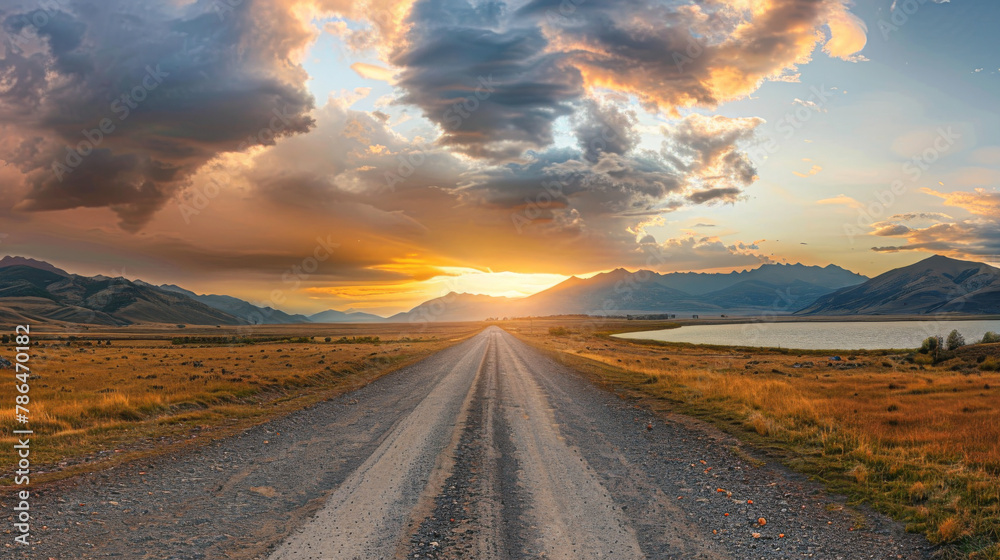 A road with a sunset in the background. The sky is cloudy and the sun is setting. The road is empty and the landscape is mostly flat