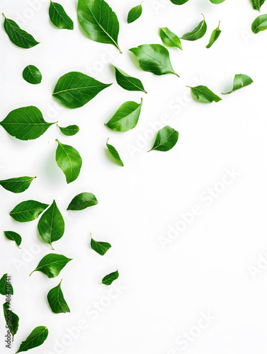 Graceful Green Leaves Falling on a Pure White Background