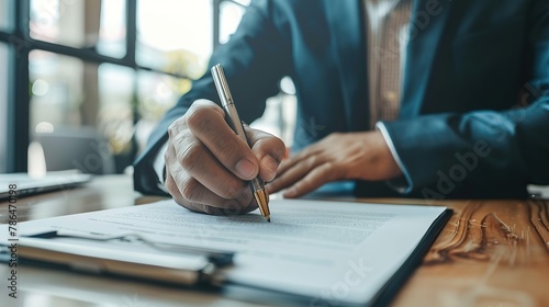 Hand businessman signing contract. Asia businessman check the correctness of work at the office with a beautiful pen. Hands working with documents at desk and signing contract. photo