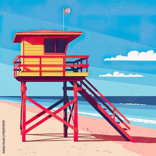 Digital illustration featuring a solitary beach lifeguard tower bathed in the warm glow of a setting sun, with calm seas and a clear sky..
