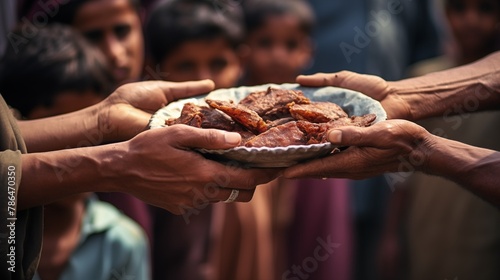Hands of a person distributing Eid ul-Adha meat to orphanages