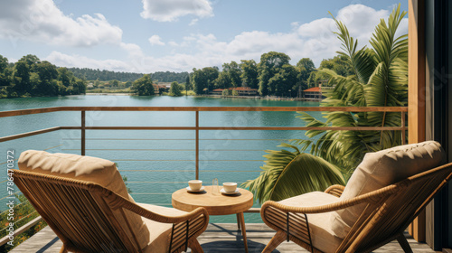 A beautiful view of a lake with palm trees and a wooden balcony overlooking the water. Two chairs are placed on the balcony  one on the left and one on the right  with a table in between