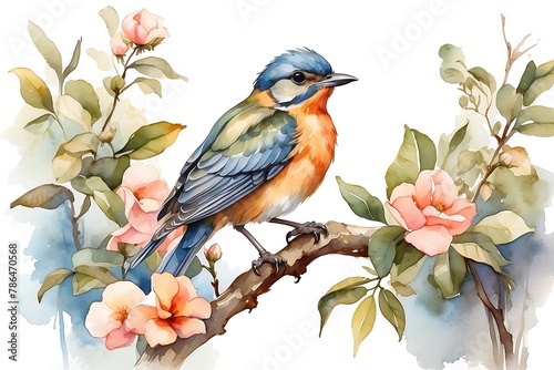 Watercolor illustration of a bird sitting on a branch with flowers.