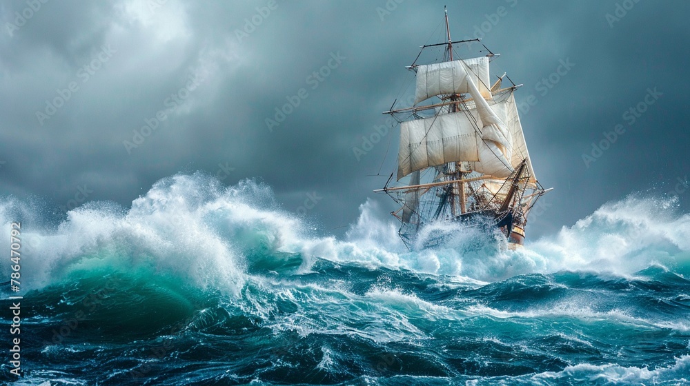 Obraz premium A vintage ship on the brink of sinking, battling massive waves in a fierce storm, a small patch of blue sky offering hope
