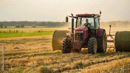 A dynamic shot of a farmer driving a tractor with a hay baler attachment  working in a hayfield. 