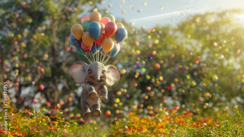 Lustiger Cartoons Elefant mit bunten Luftballons fliegt in der Luft als Geburtstagskarte und Druckvorlage, ai generativ
