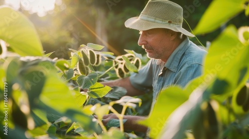 A candid moment of the farmer inspecting soybean pods for ripeness and readiness for harvest. photo