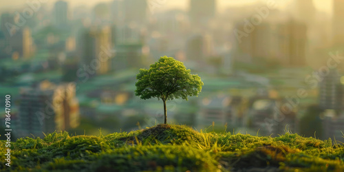 green tree growing on grass with city background, ecology concept. Green environment and eco friendly for sustainable development. copy space
