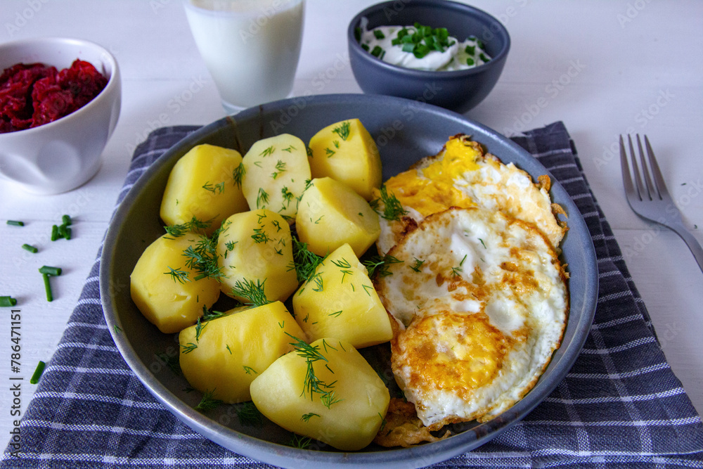 Potatoes with fried egg, buttermilk, beetroot and cucumber salad. Spring dinner