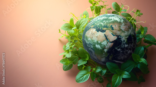 Promoting Eco-Friendly Living with a Globe Surrounded by Greenery on Peach Background