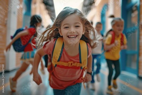 Close up of a happy little girl running in a school. Generate AI image
