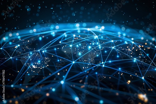 Abstract background depicting a global network system in blue, with shimmering digital connections photo