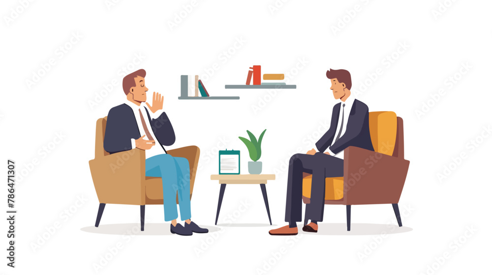 Broken businessman talking to psychologist. 