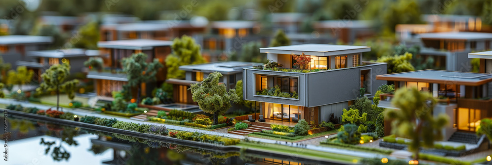 A detailed model of an urban development with green modern houses, greenery and trees.  eco-friendly building concept