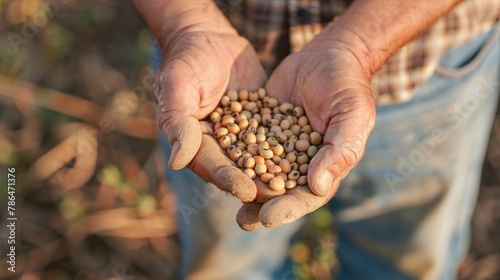 A close-up shot of the farmer holding soybean seeds and preparing for planting.