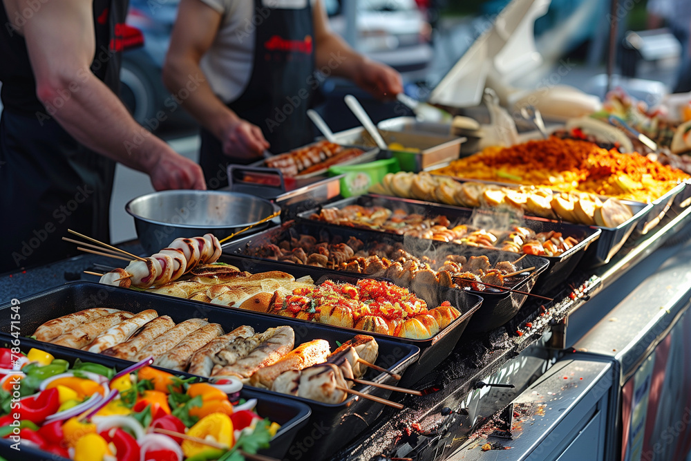 A man is cooking food on a grill. There are many different types of food, including vegetables and meat