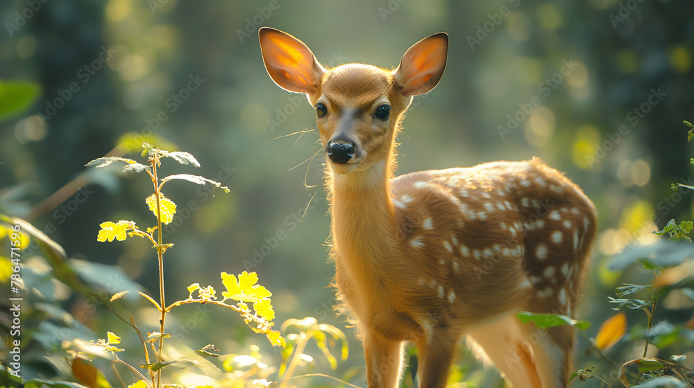 Young Spotted Fawn in a Sunlit Forest, Portrait of Graceful Wildlife Young Spotted Fawn in a Sunlit Forest, Portrait of Graceful Wildlife