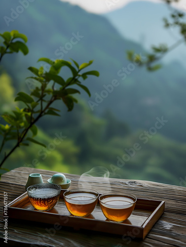 Serene Outdoor Tea Setting with Lush Greenery and Mountain Views