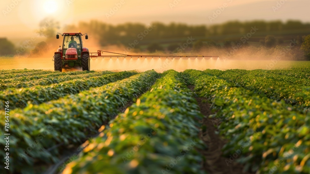 An action shot of the farmer spraying organic fertilizer on soybean crops. An action shot of the farmer spraying organic fertilizer on soybean crops.