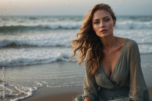 Junge Frau mit langen Haaren in nachdenklicher Pose am Strand bei Sonnenuntergang in entspannter Sommerkleidung photo