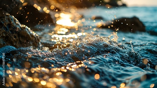 Close-up of eroded shapes glistening with water and reflecting the golden light of the sun 