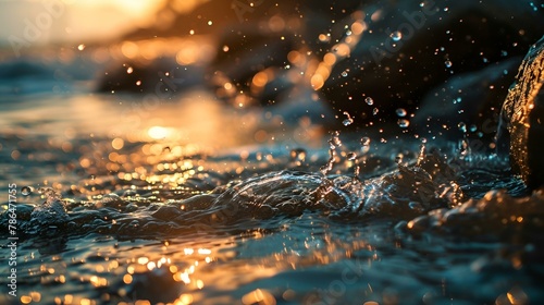 a image of a wave breaking on the beach at sunset
 photo