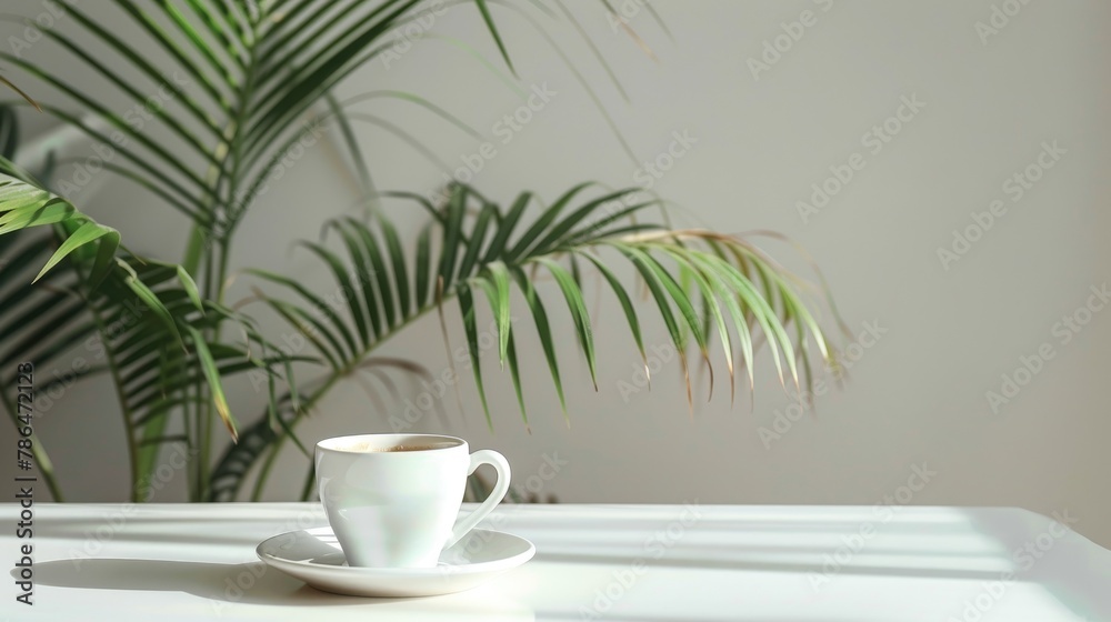 Isolated Cycad palm tree with coffee cup on light background Space for text Isolated Cycad palm tree with coffee cup on light background Space for text
