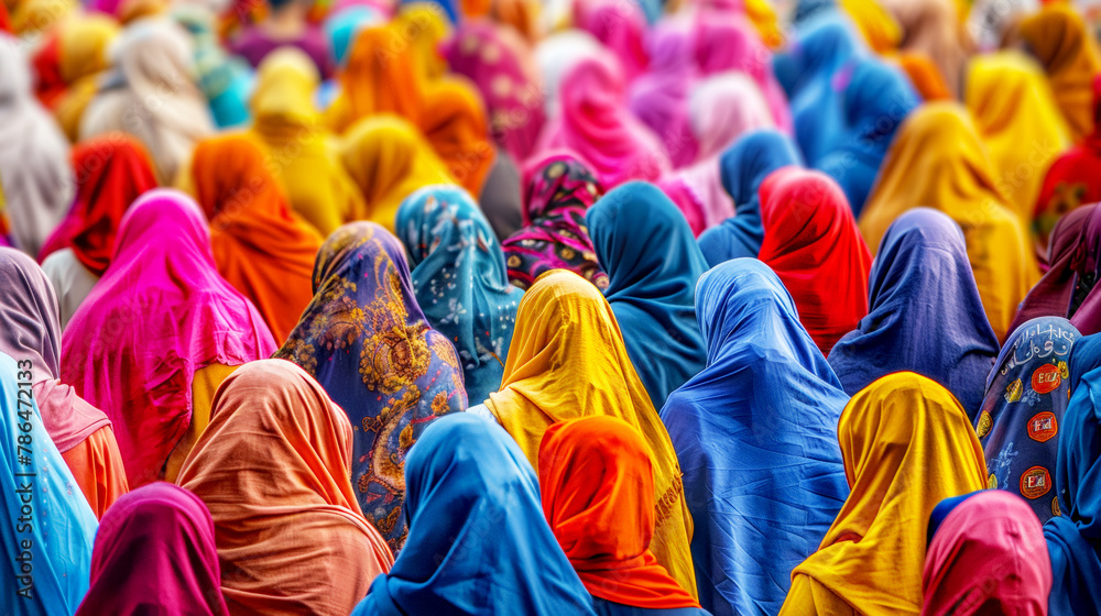 Colorful hijab women's crowd during the vibrant colors, high resolution, high detail, in focus, sharp details