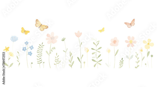 PNG Cute flowers and butterflies as divider line watercolour illustration pattern drawing plant.