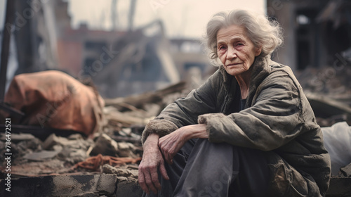 An old woman prays for peace. Grandmother in front of a destroyed house due to the war. photo