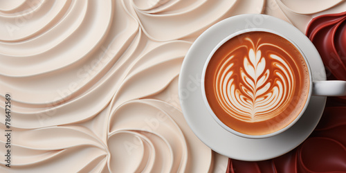 Coffee 3D background, cup of coffee with latte art on patterned background