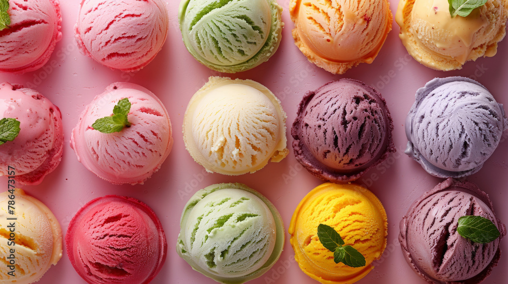 Colorful ice cream balls background, top view of many different colors and flavors of ice cream in cones and ball shapes on flat surface. Colorful ice cream balls background, top view of many different colors and flavors of ice cream in cones and ball shapes on flat surface.