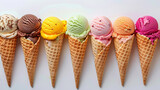 Top view of ice cream cones with different colors and fruit inside, white background, flat lay, in the style of different artists.