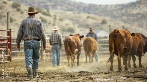An action shot of farmhands conducting a cow roundup for health checks and treatments in a corral. photo