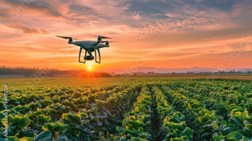 An industrial drone flies over a green field and sprays useful pesticides to increase productivity and destroys harmful insects. photo