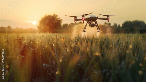 Modern crop farming with drones spraying the plants photo