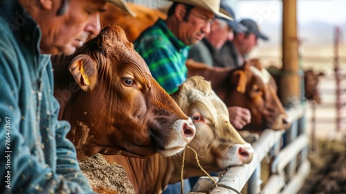 A dynamic shot of men using automated grooming brushes to keep cows comfortable and healthy.