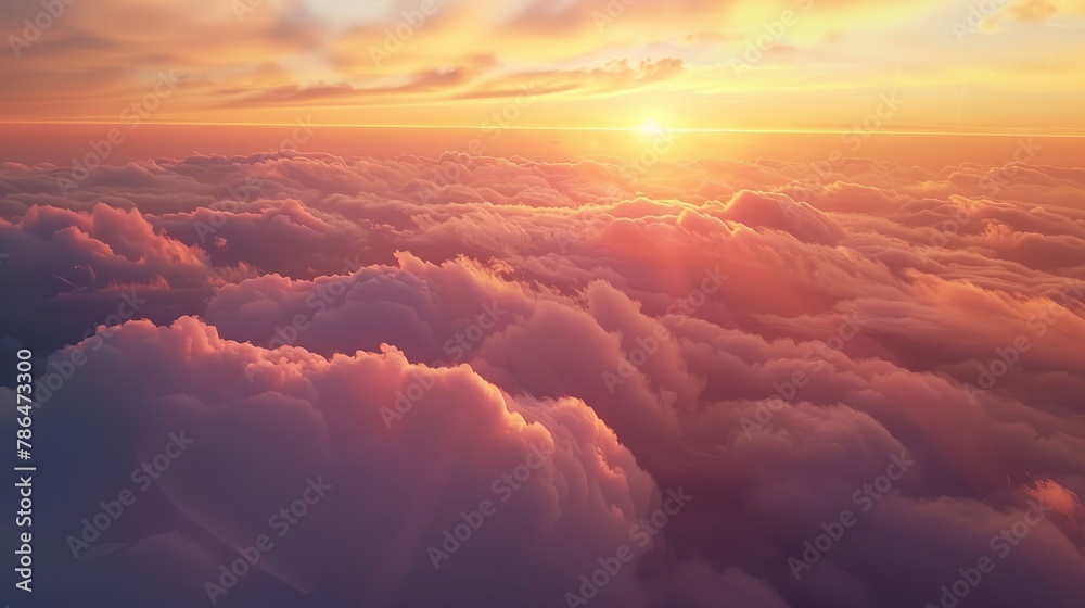 Natural background, Romantic sunset sky. Beautiful sunset sky above clouds with dramatic light. Cabin view from airplane - obrazy, fototapety, plakaty 