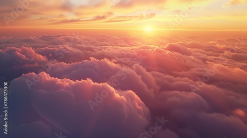 Natural background, Romantic sunset sky. Beautiful sunset sky above clouds with dramatic light. Cabin view from airplane photo