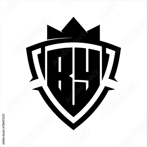 BY Letter bold monogram triangle curve shield shape with crown black and white background color design