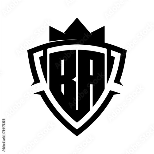 BA Letter bold monogram triangle curve shield shape with crown black and white background color design